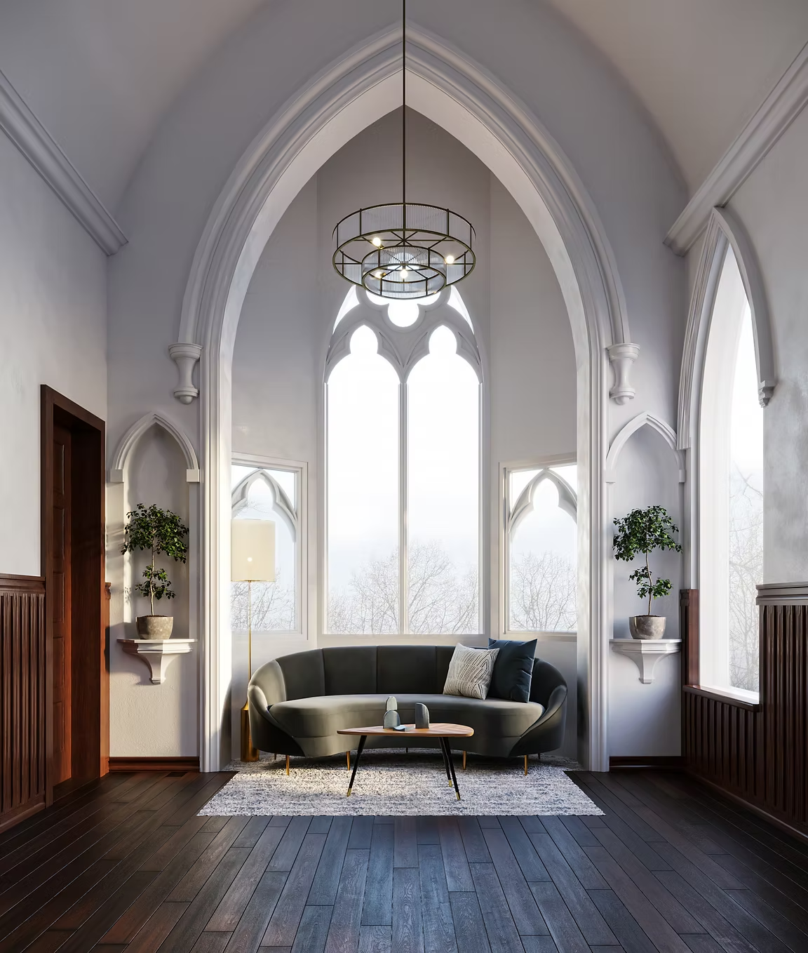 Loft living room beneath the original gothic arch
