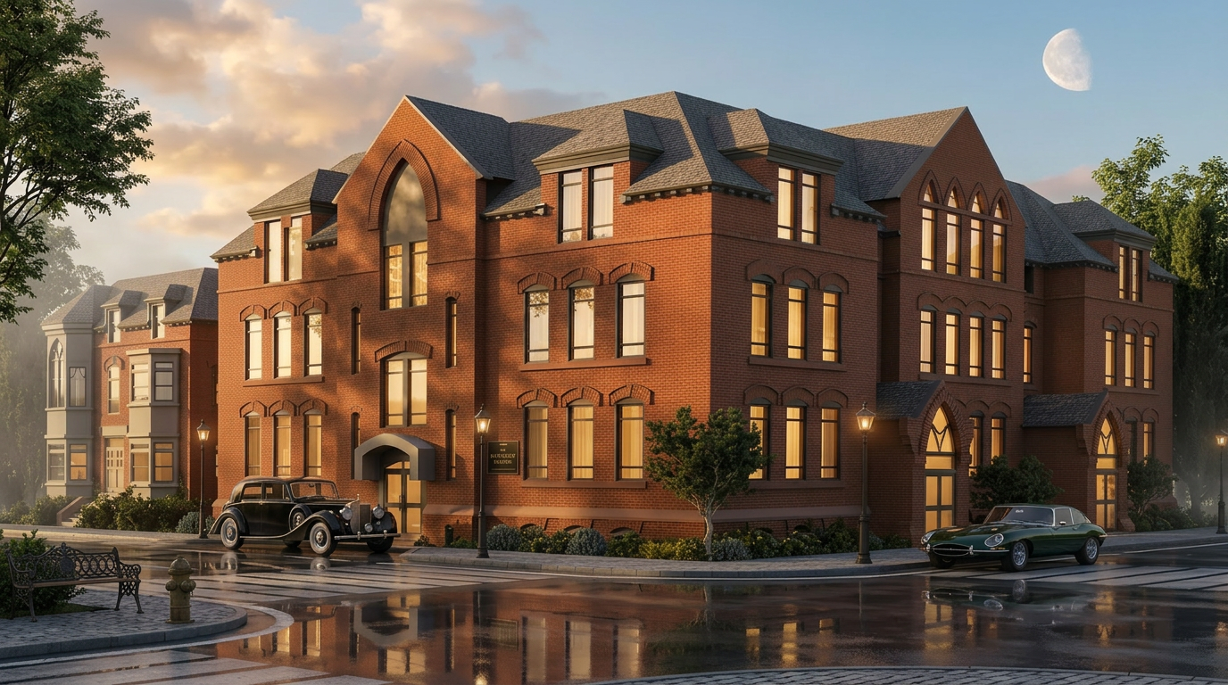 The historic Troy Academy Lofts building at dusk