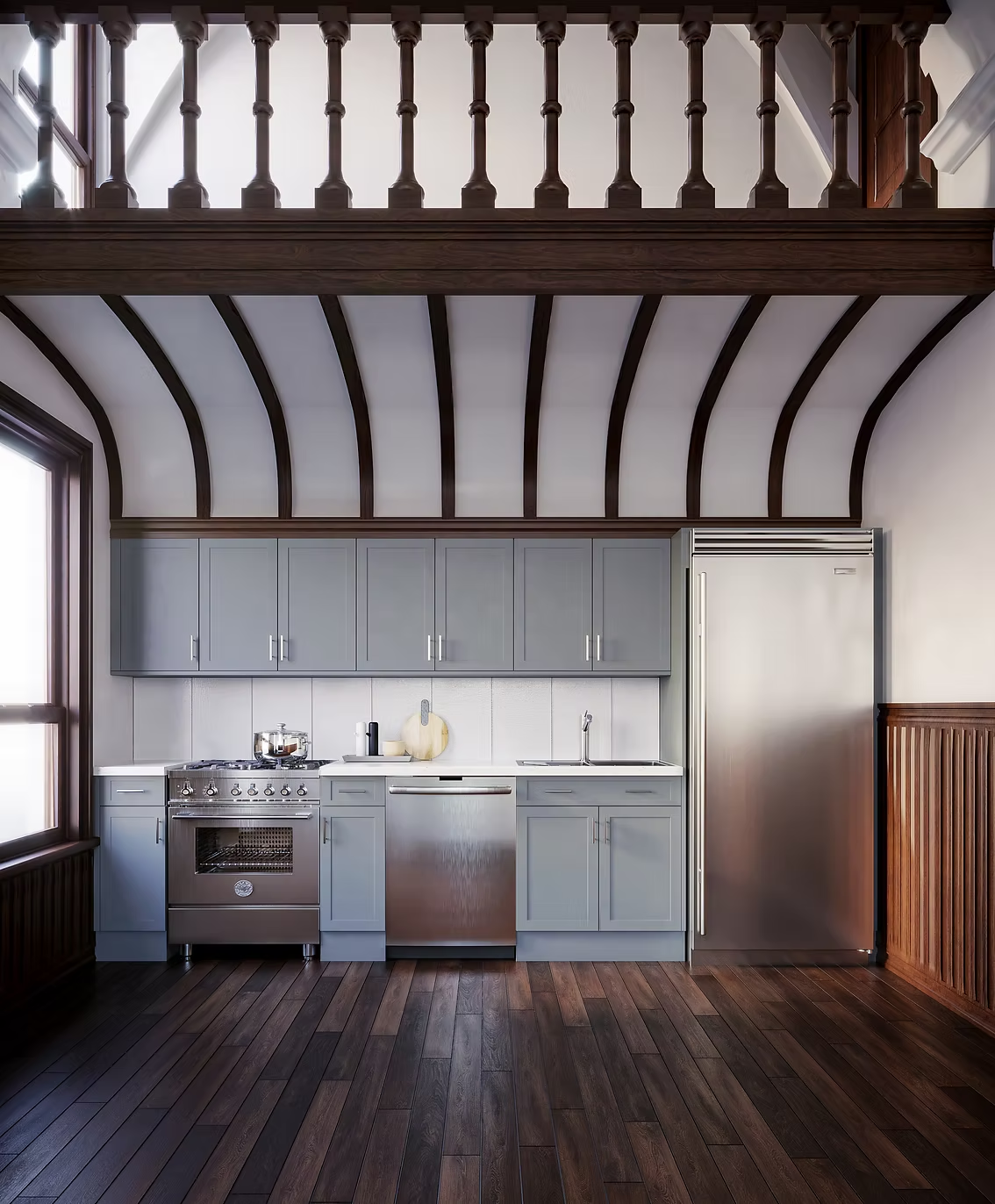 Loft kitchen under preserved vaulted beams